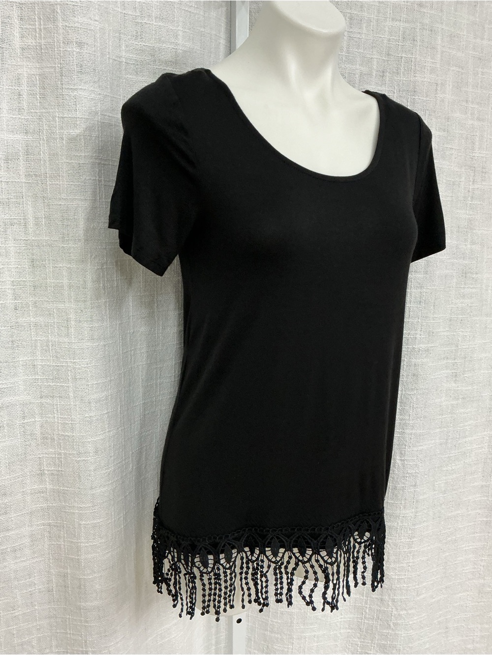 Black Fringe Hem Short Sleeve Women's Top - Picture 4 of 8